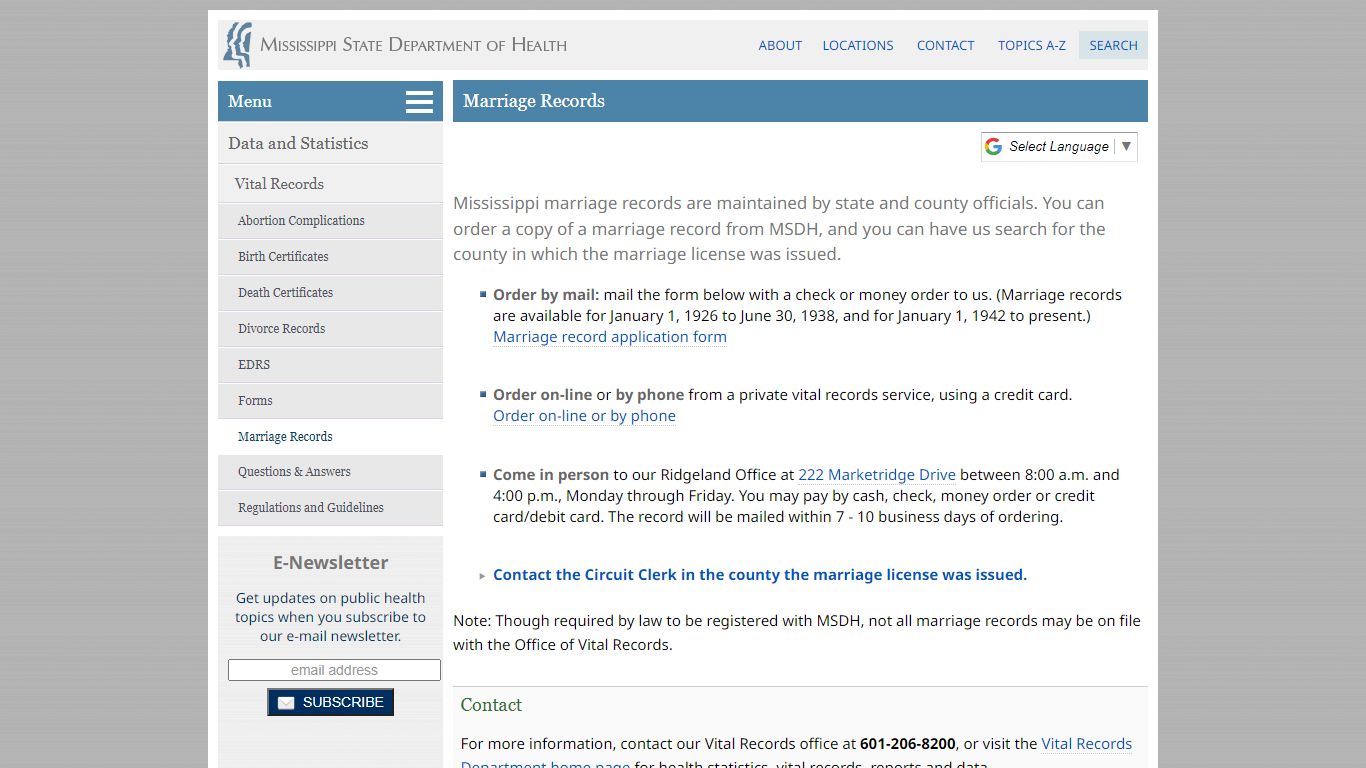 Marriage Records - Mississippi State Department of Health